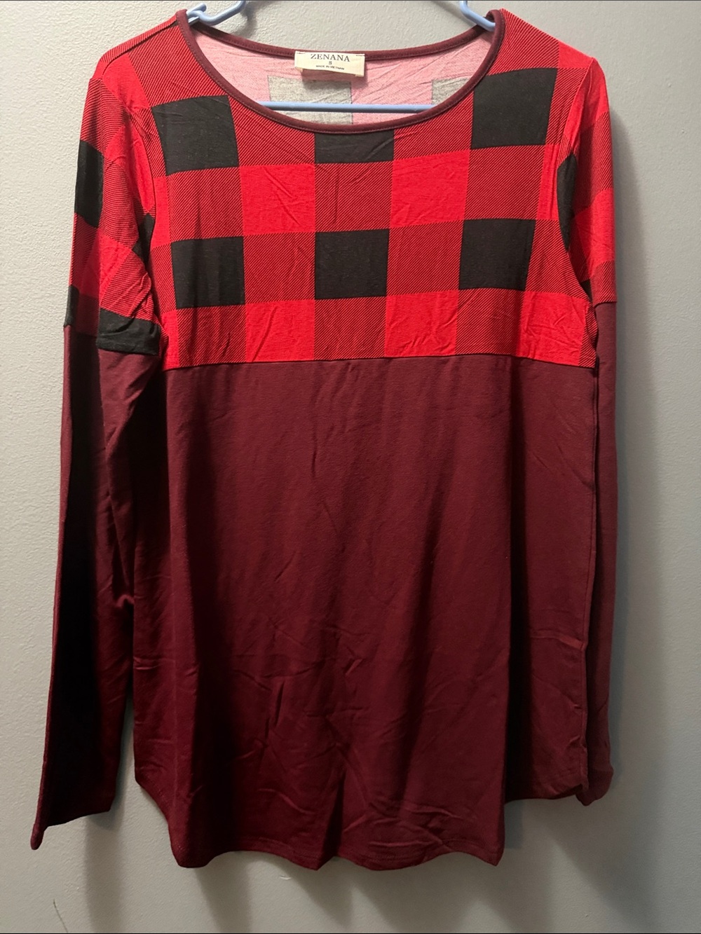 Zenana Outfitters Red and Burgundy Long Sleeve Plaid Top